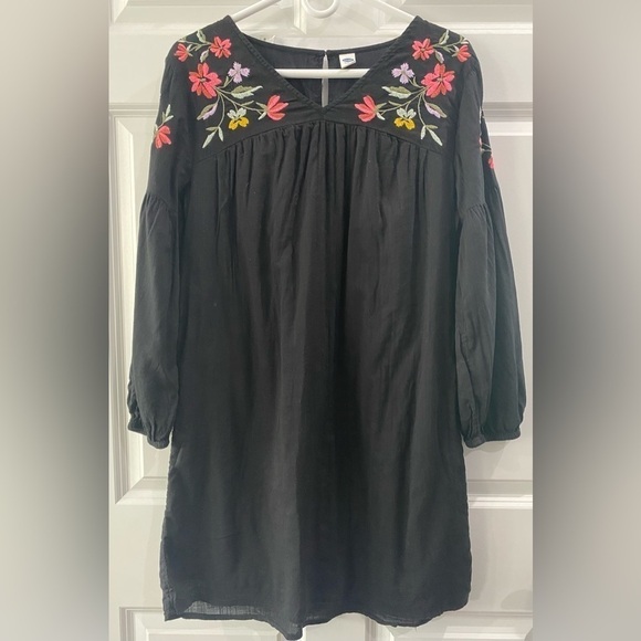 Women's Black Midi Shift Dress Floral Embroidered Boho Balloon Sleeve Size M - Picture 1 of 7